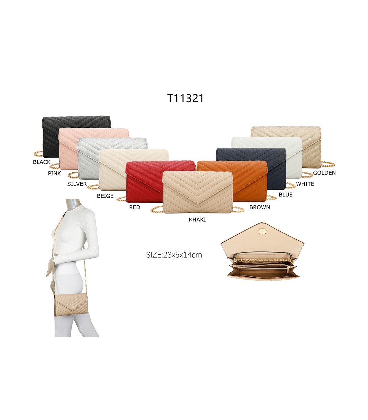 T11321 - Bolso de hombro con bandolera dorada y dos compartimentos