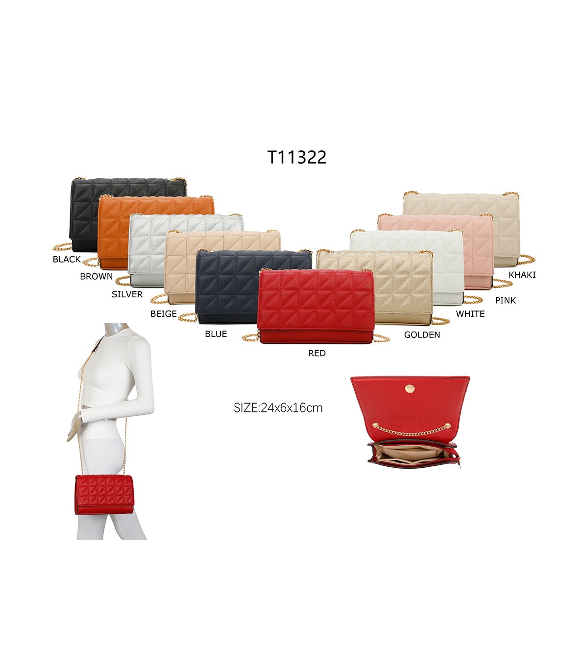 T11322 - Bolso de hombro estilo plano con cierre de botón
