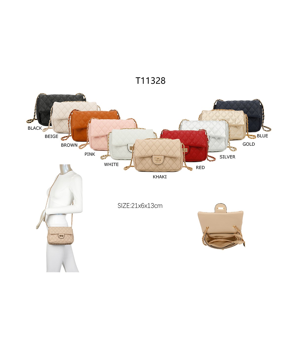 T11328 - Bolso de hombro con bandolera dorada y cierre de pestillo