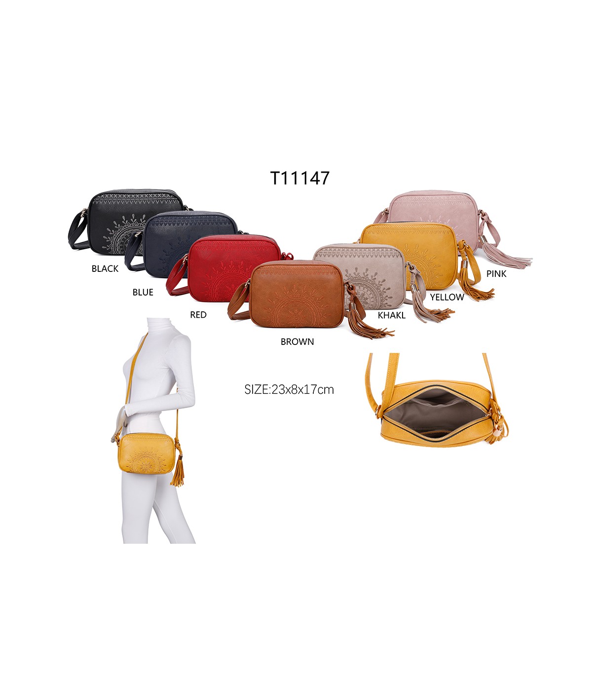 T11147 - Bolso de hombro con bandolera y bordado de sol mandala