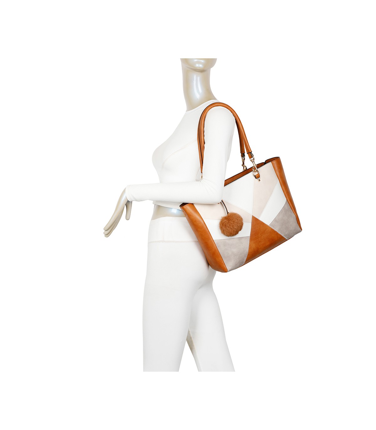 T11456  - Bolso bandolera con asa de mano y pompón