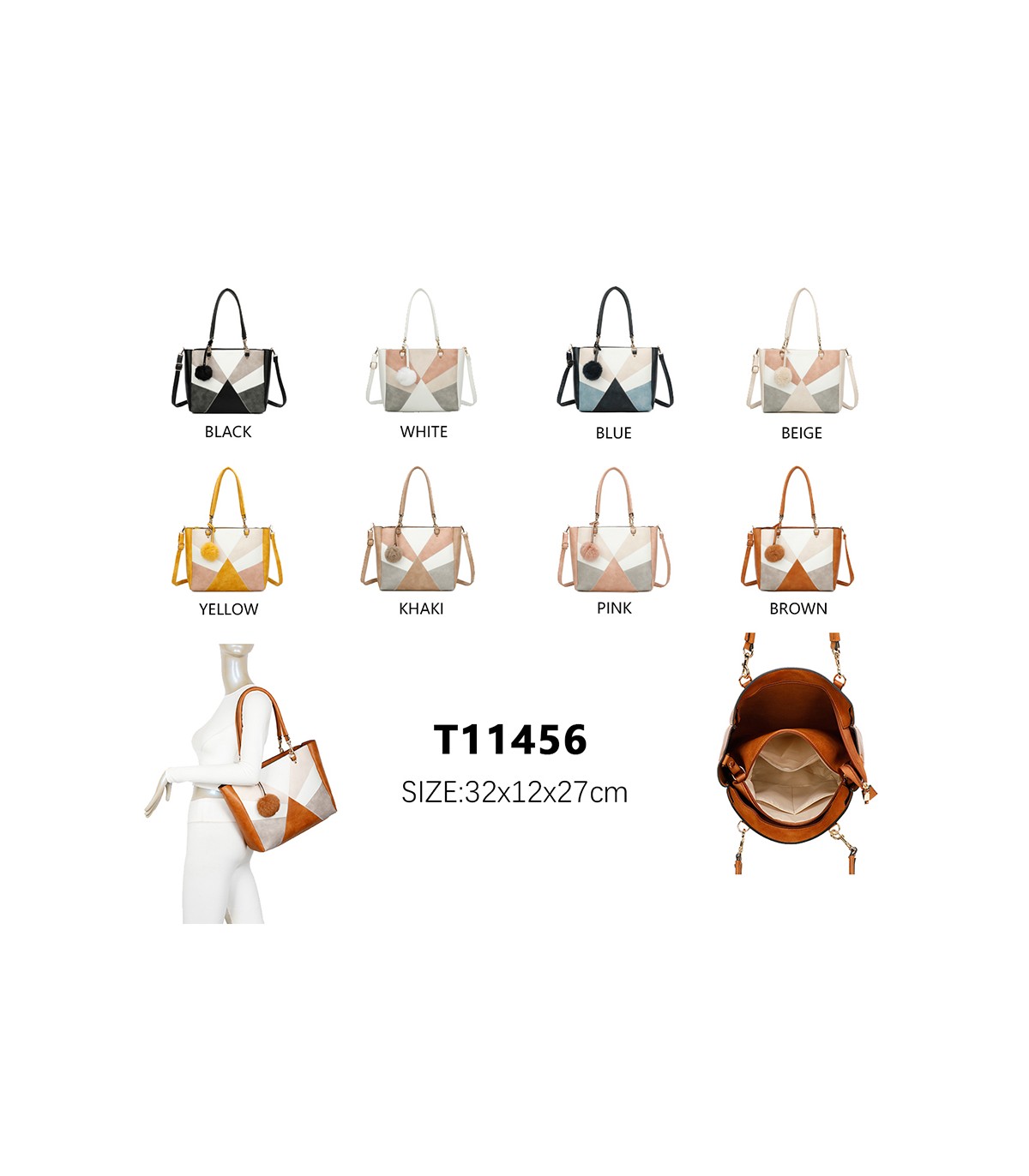 T11456  - Bolso bandolera con asa de mano y pompón