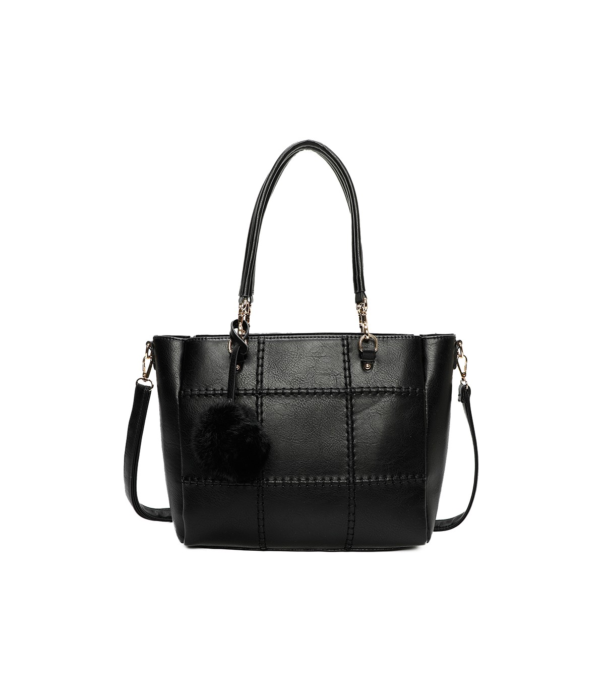 T11460 - Bolso bandolera con pompón y mosquetones en el asa y bandolera