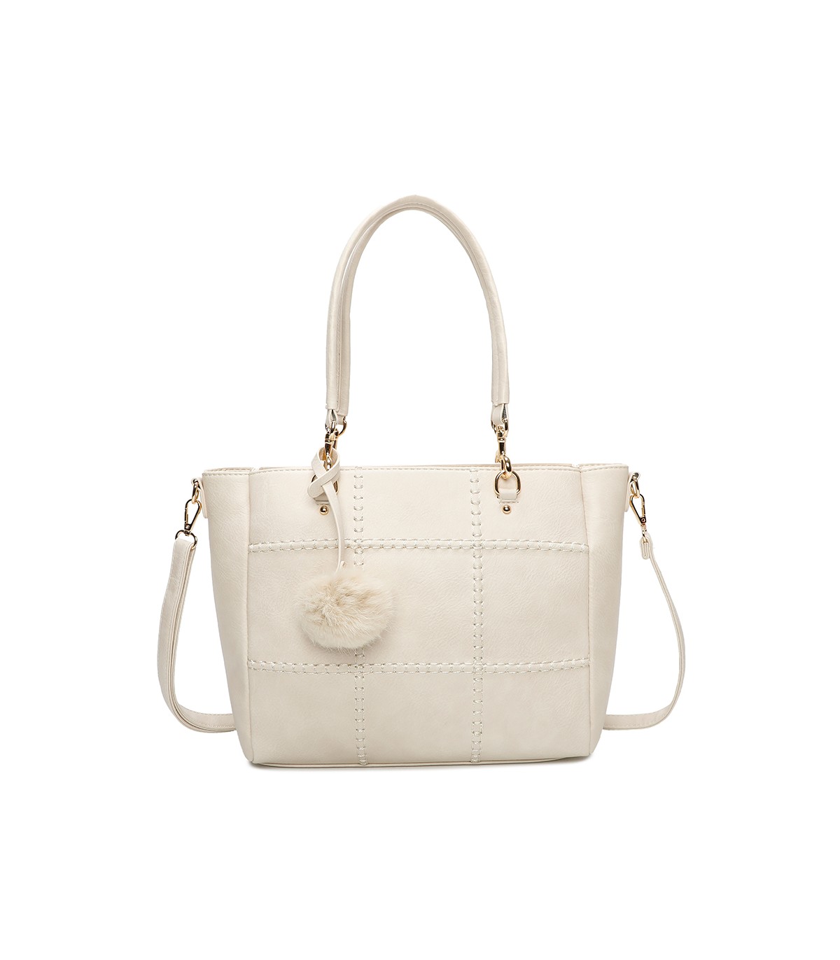 T11460 - Bolso bandolera con pompón y mosquetones en el asa y bandolera