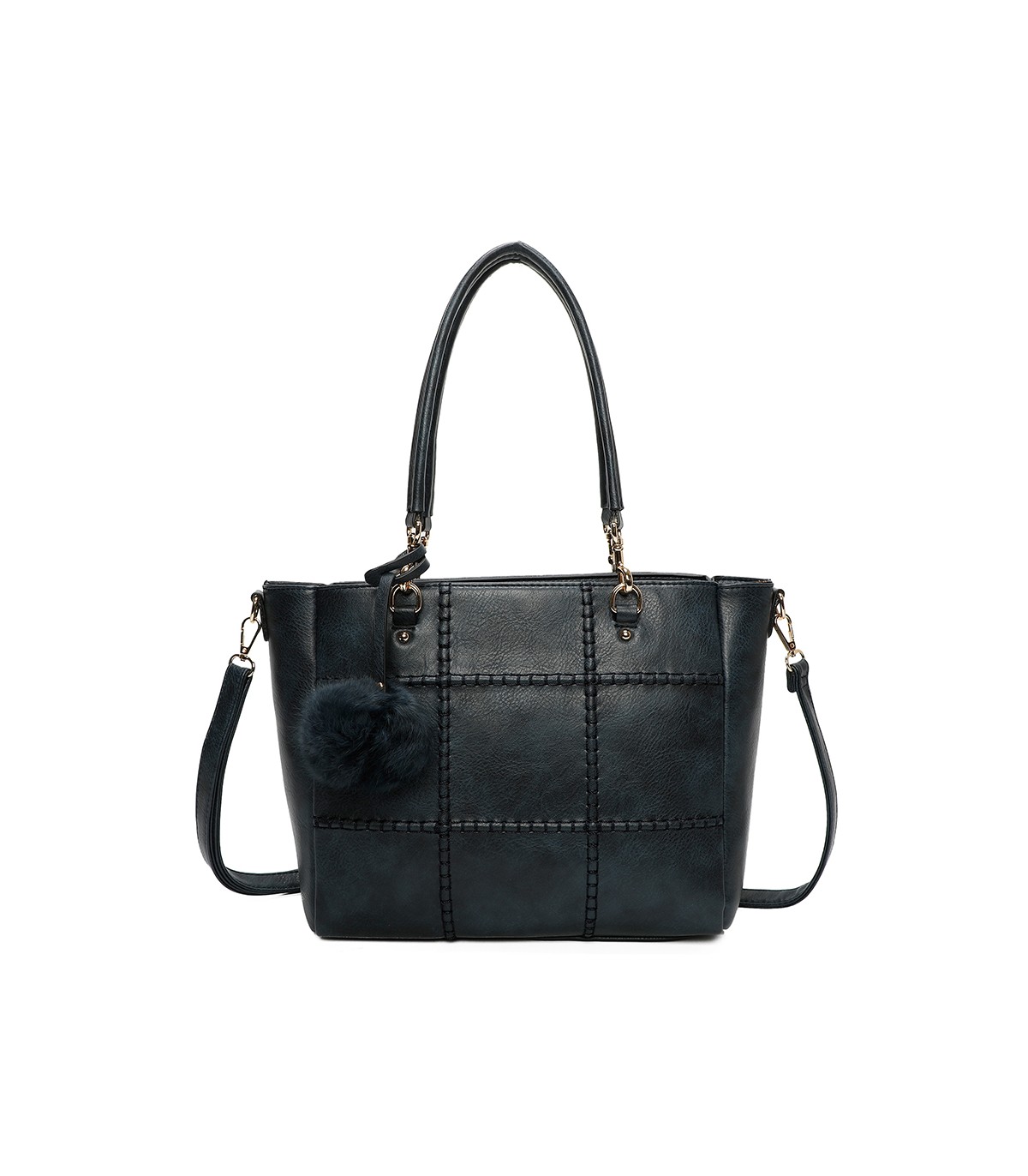 T11460 - Bolso bandolera con pompón y mosquetones en el asa y bandolera