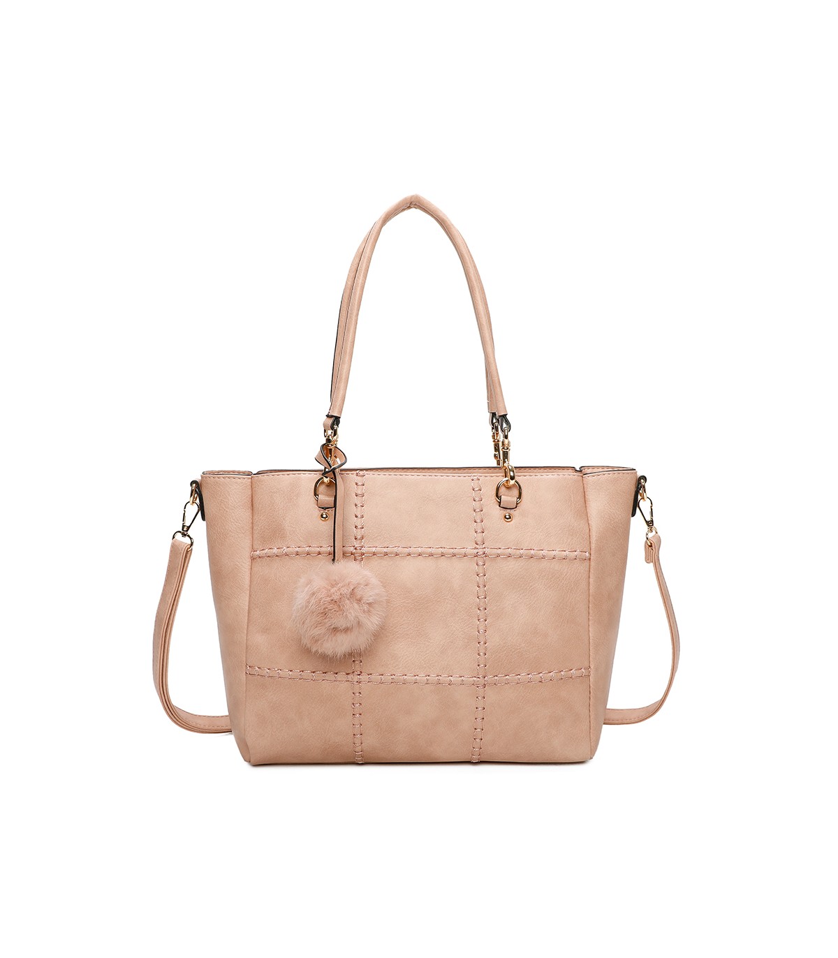 T11460 - Bolso bandolera con pompón y mosquetones en el asa y bandolera