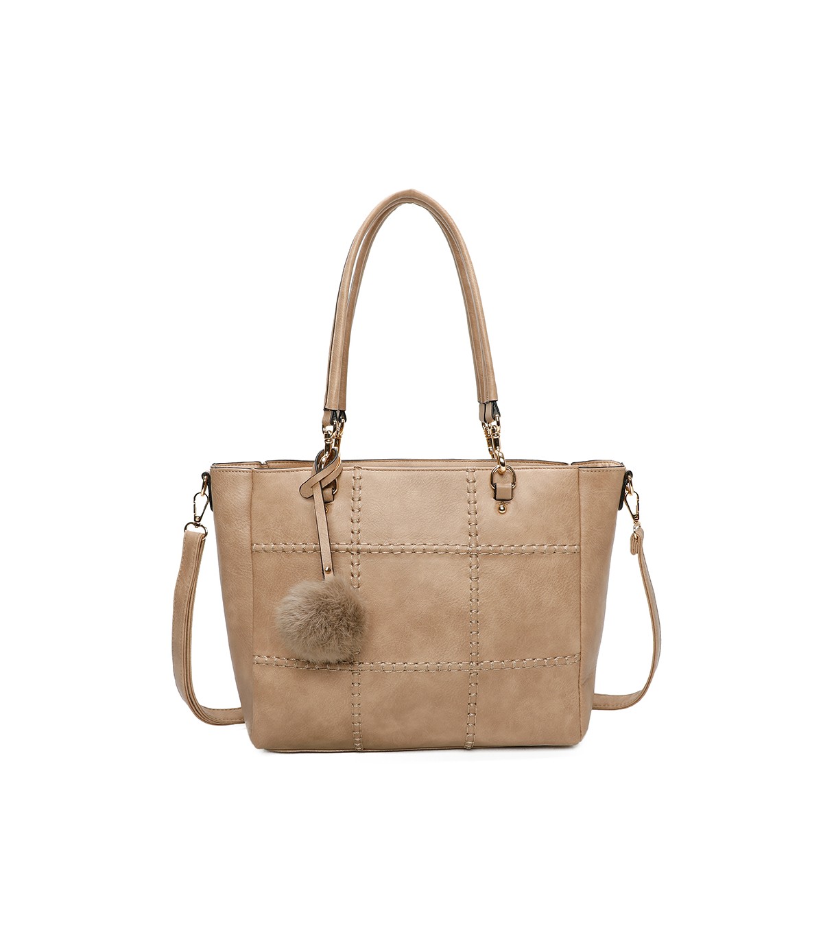 T11460 - Bolso bandolera con pompón y mosquetones en el asa y bandolera