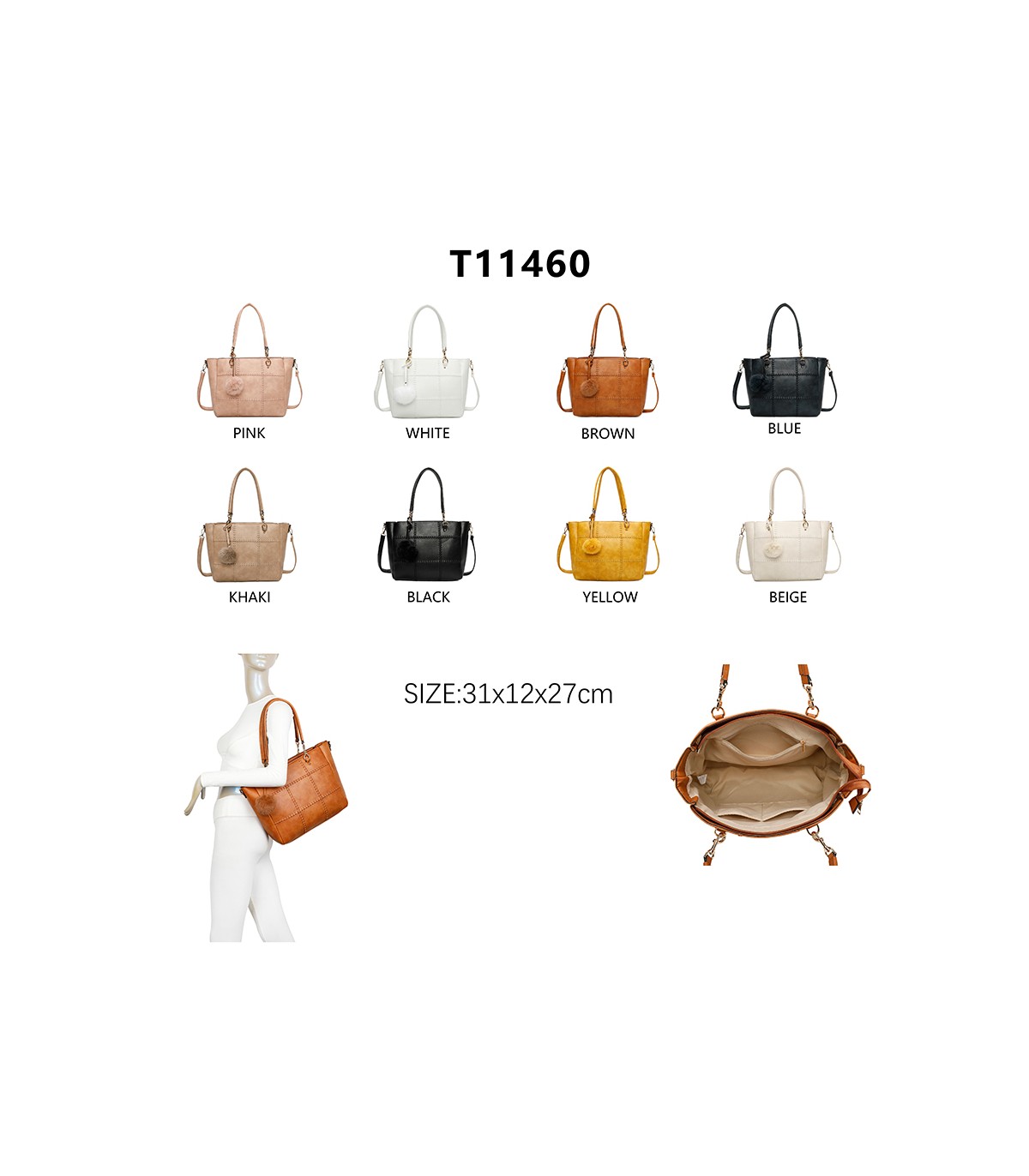 T11460 - Bolso bandolera con pompón y mosquetones en el asa y bandolera