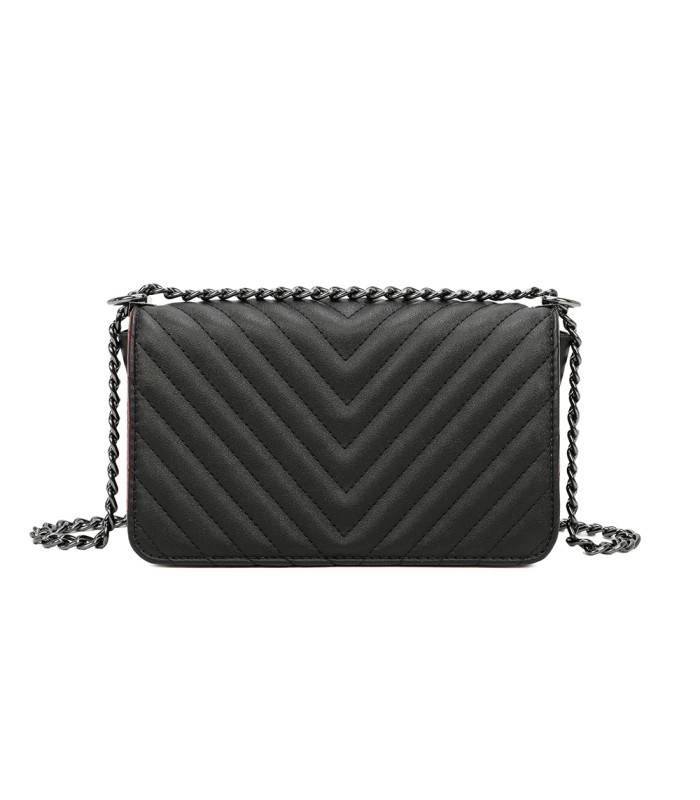 T11463 - Bolso bandolera de solapa con bandolera de cadena negra y refuerzo para el hombro