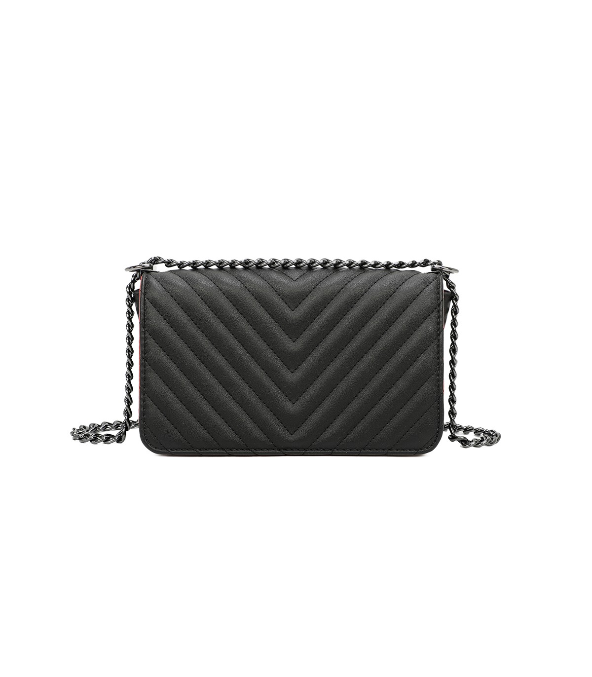 T11463 - Bolso bandolera de solapa con bandolera de cadena negra y refuerzo para el hombro