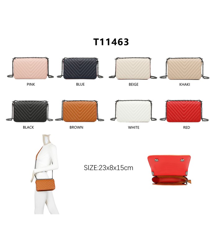 T11463 - Bolso bandolera de solapa con bandolera de cadena negra y refuerzo para el hombro