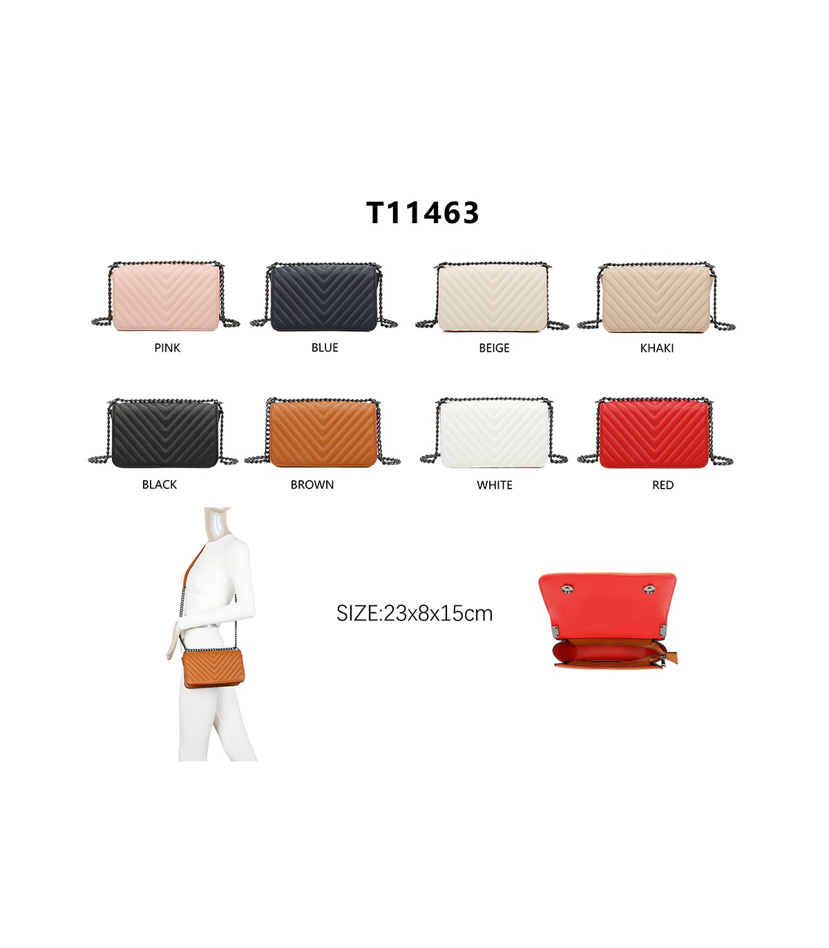 T11463 - Bolso bandolera de solapa con bandolera de cadena negra y refuerzo para el hombro