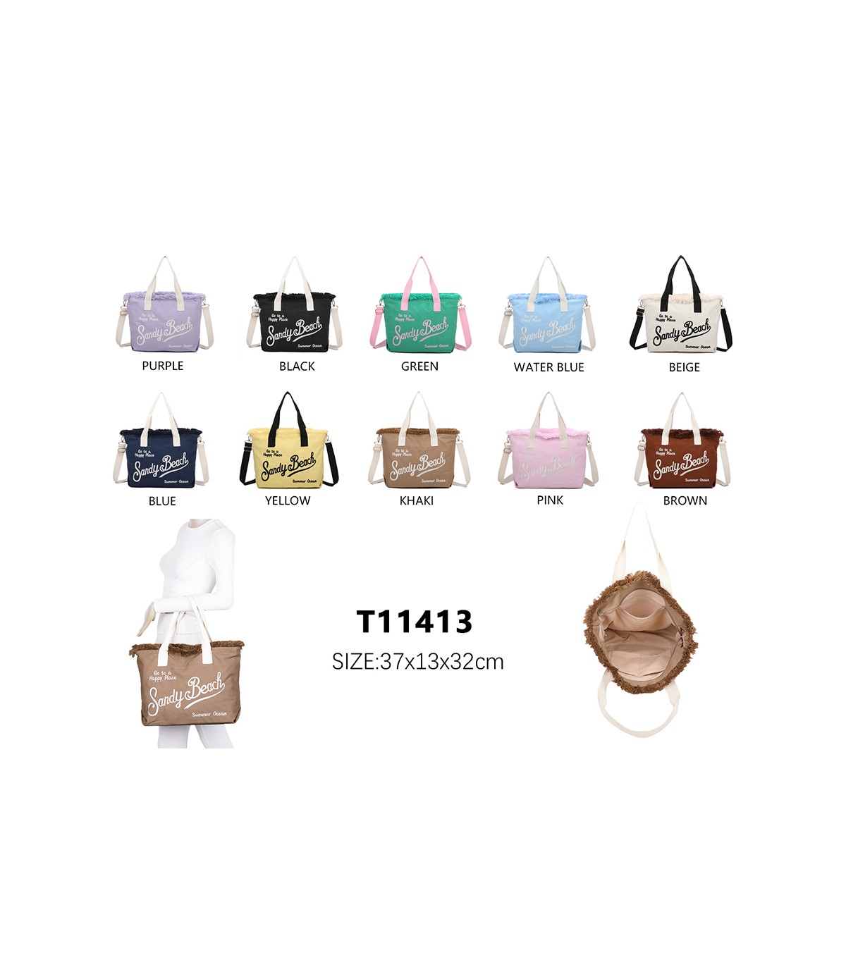 T11413 - Bolso bandolera y de mano para la playa muchos colores con letras bordadas