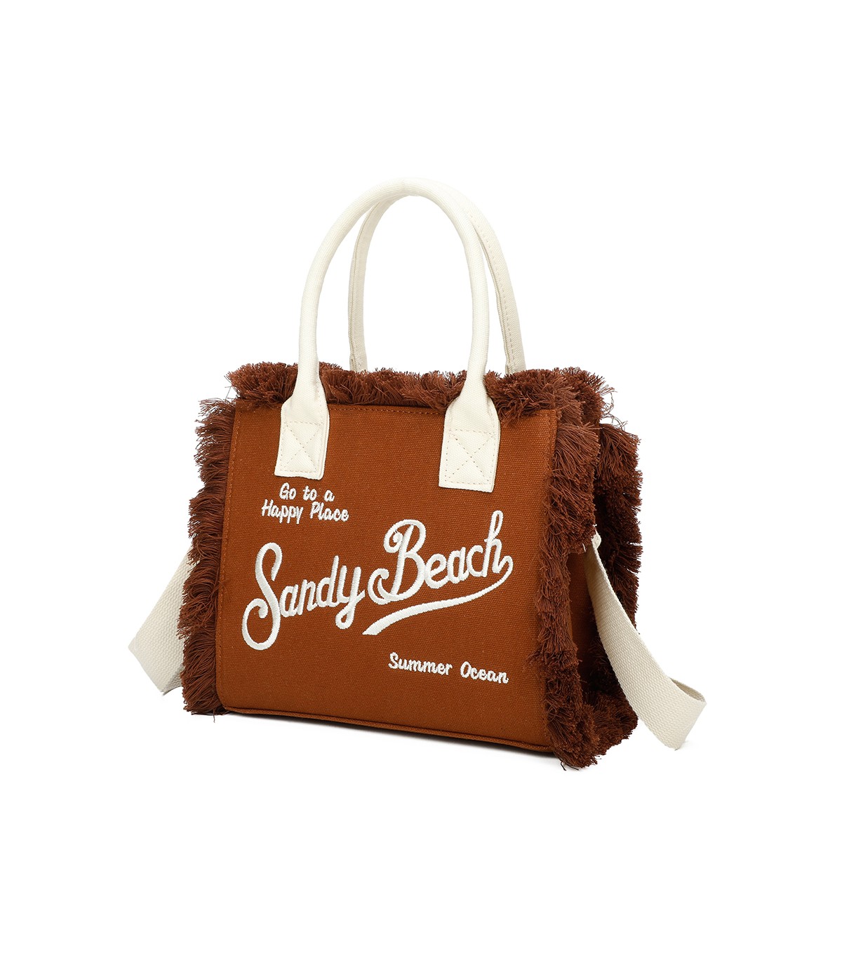 T11411 - Bolso bandolera y de mano para la playa con flecos y con letras bordadas