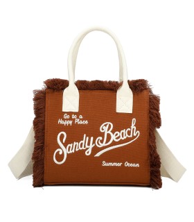 T11411 - Bolso bandolera y de mano para la playa con flecos y con letras bordadas