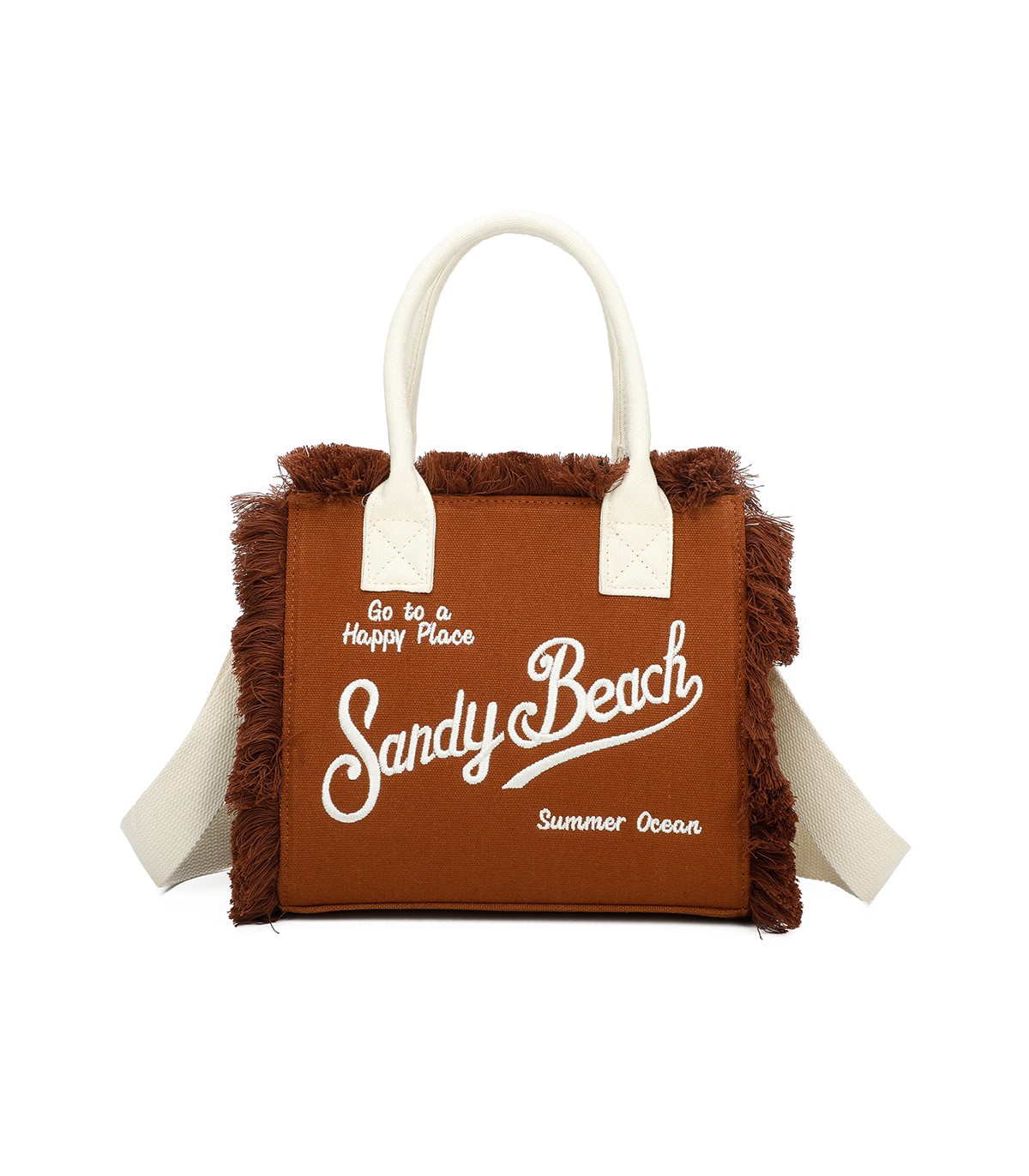 T11411 - Bolso bandolera y de mano para la playa con flecos y con letras bordadas