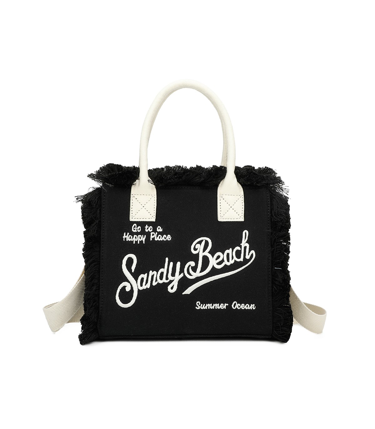 T11411 - Bolso bandolera y de mano para la playa con flecos y con letras bordadas
