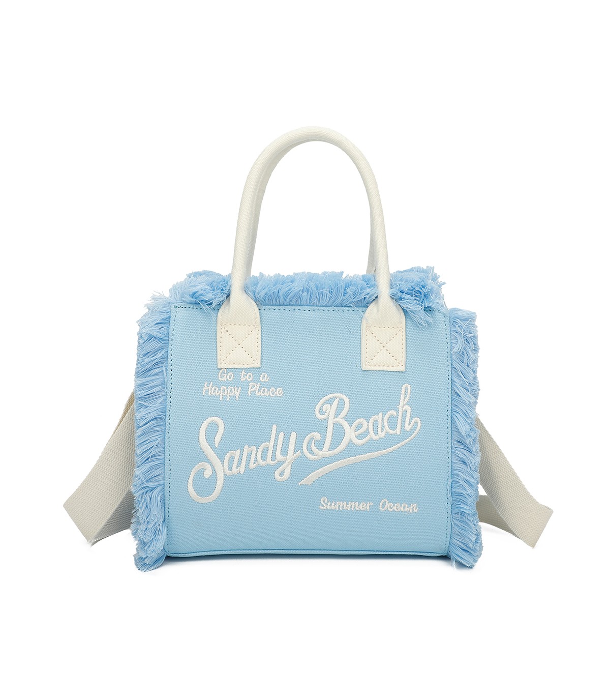 T11411 - Bolso bandolera y de mano para la playa con flecos y con letras bordadas