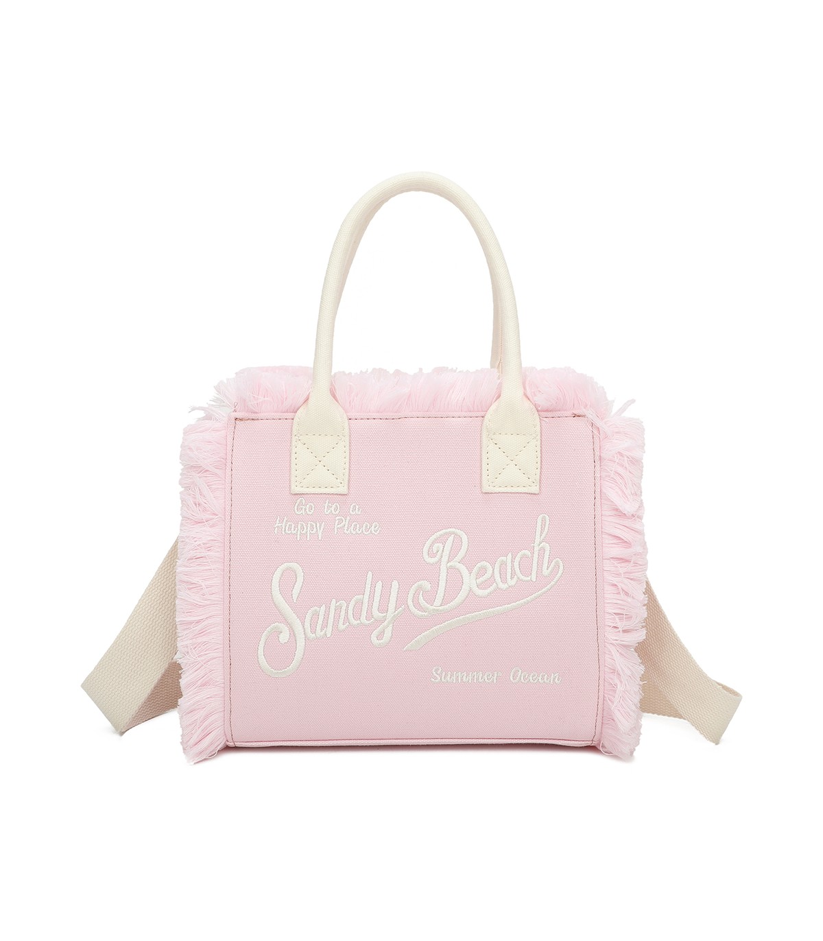 T11411 - Bolso bandolera y de mano para la playa con flecos y con letras bordadas