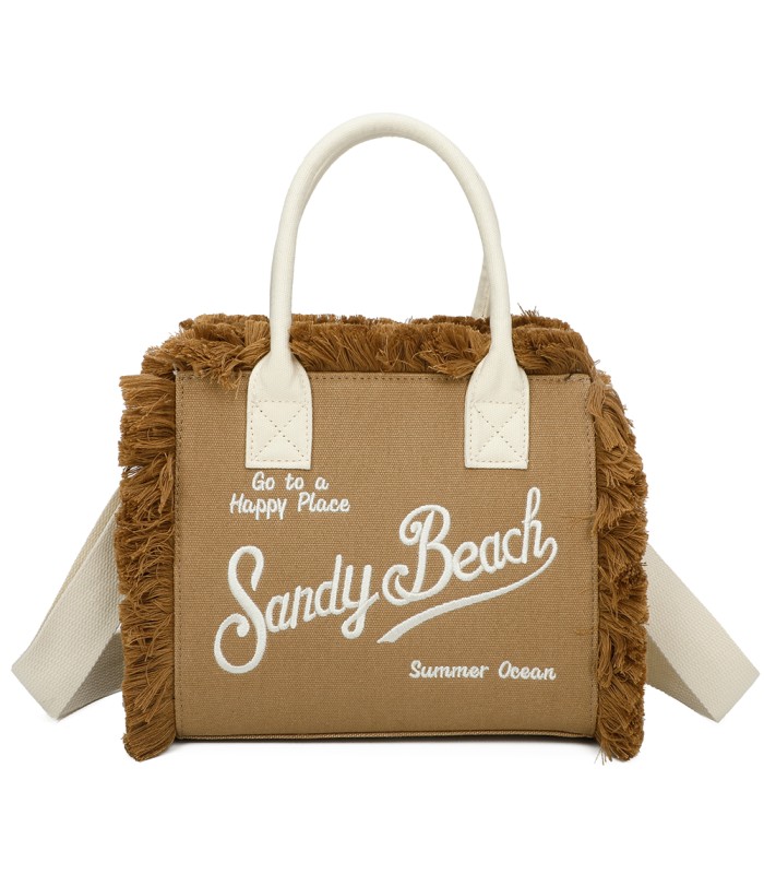 T11411 - Bolso bandolera y de mano para la playa con flecos y con letras bordadas