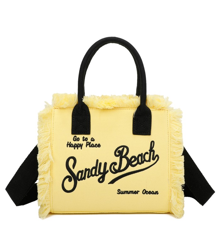T11411 - Bolso bandolera y de mano para la playa con flecos y con letras bordadas