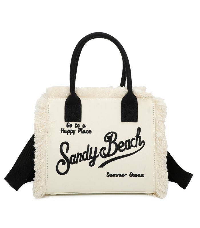 T11411 - Bolso bandolera y de mano para la playa con flecos y con letras bordadas