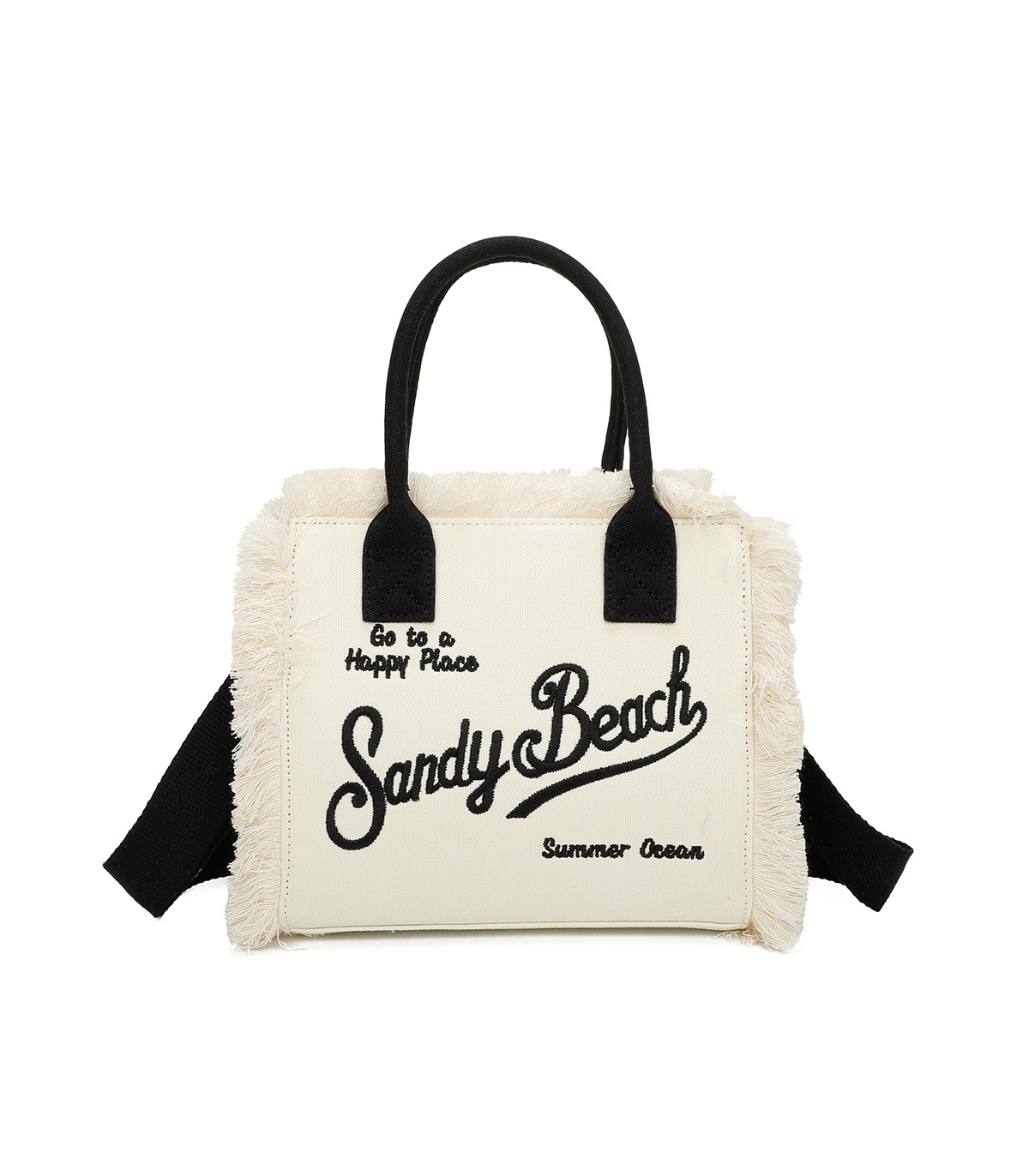 T11411 - Bolso bandolera y de mano para la playa con flecos y con letras bordadas