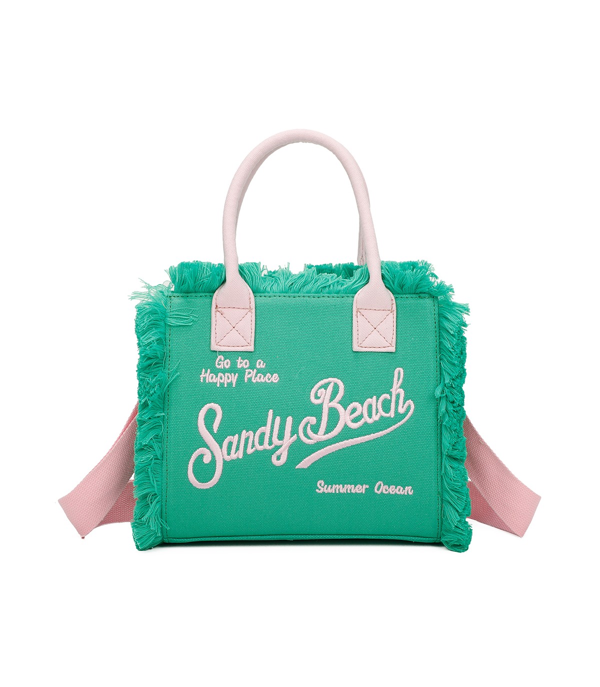 T11411 - Bolso bandolera y de mano para la playa con flecos y con letras bordadas
