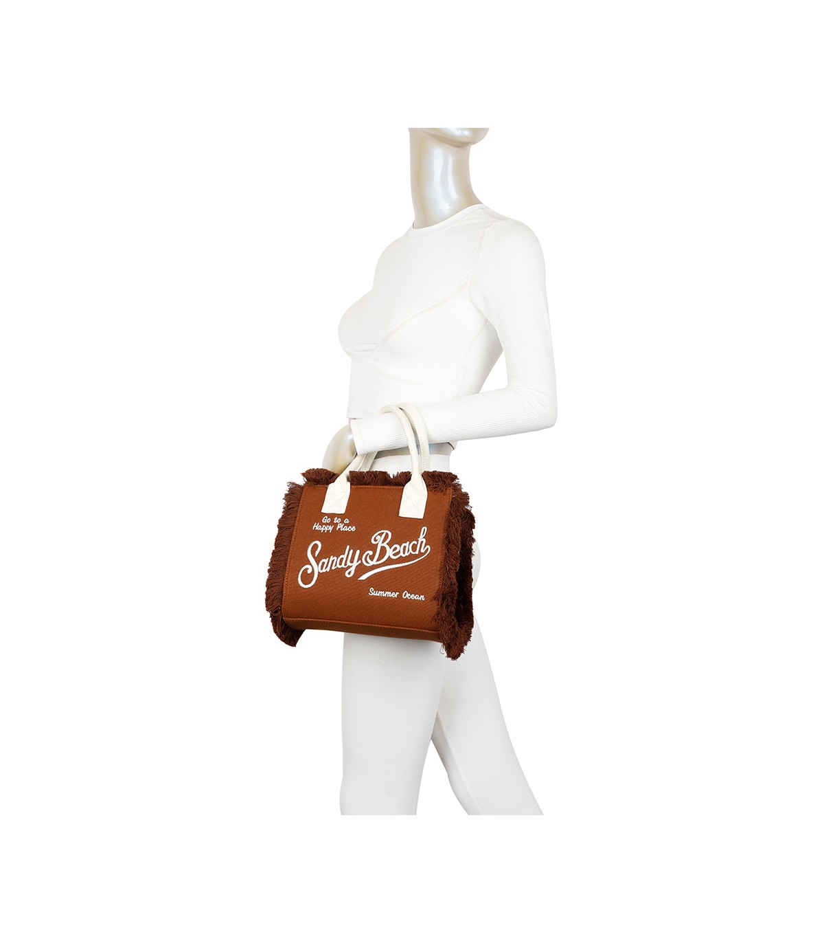 T11411 - Bolso bandolera y de mano para la playa con flecos y con letras bordadas