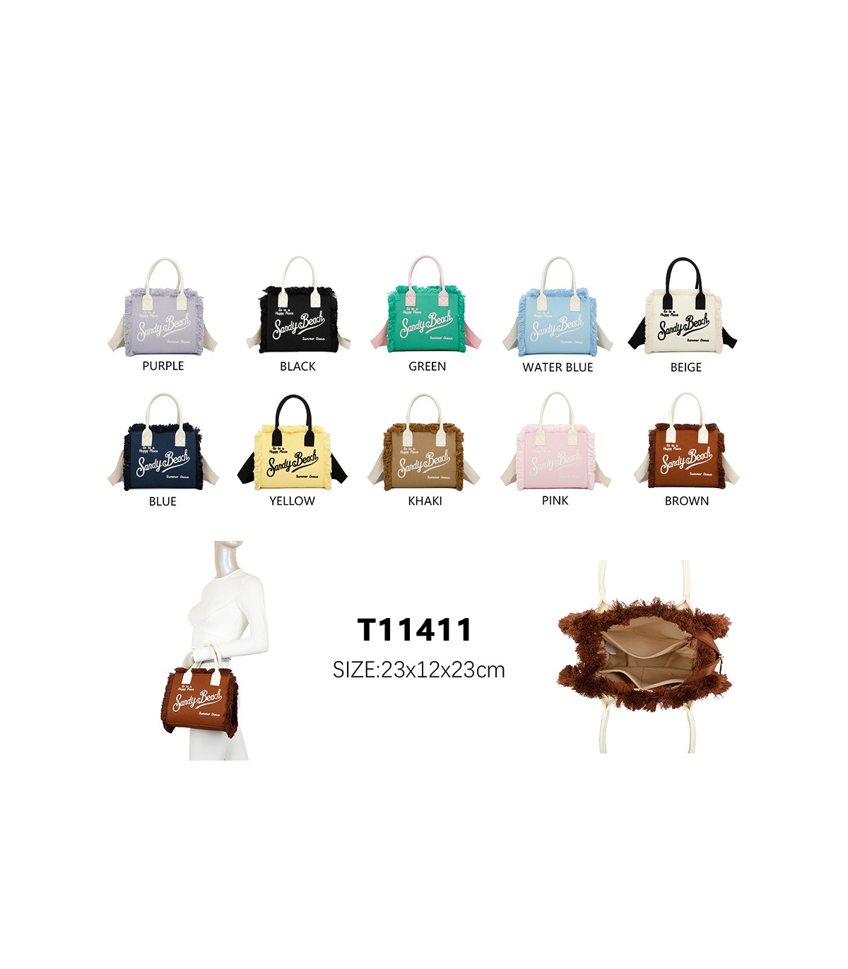 T11411 - Bolso bandolera y de mano para la playa con flecos y con letras bordadas