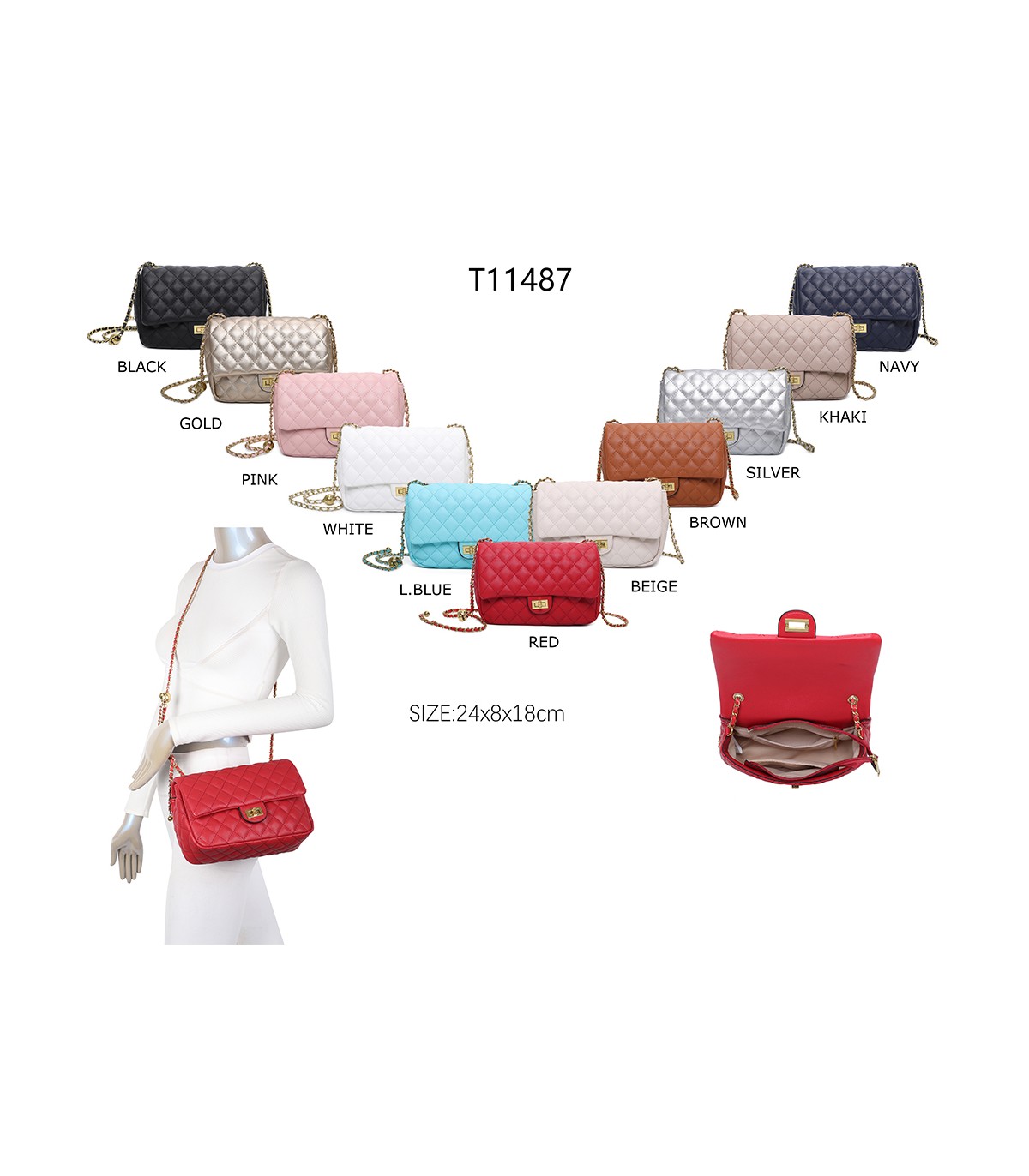 T11487 - Bolso bandolera con cierre de pestillo y asa de cadeneta de colores