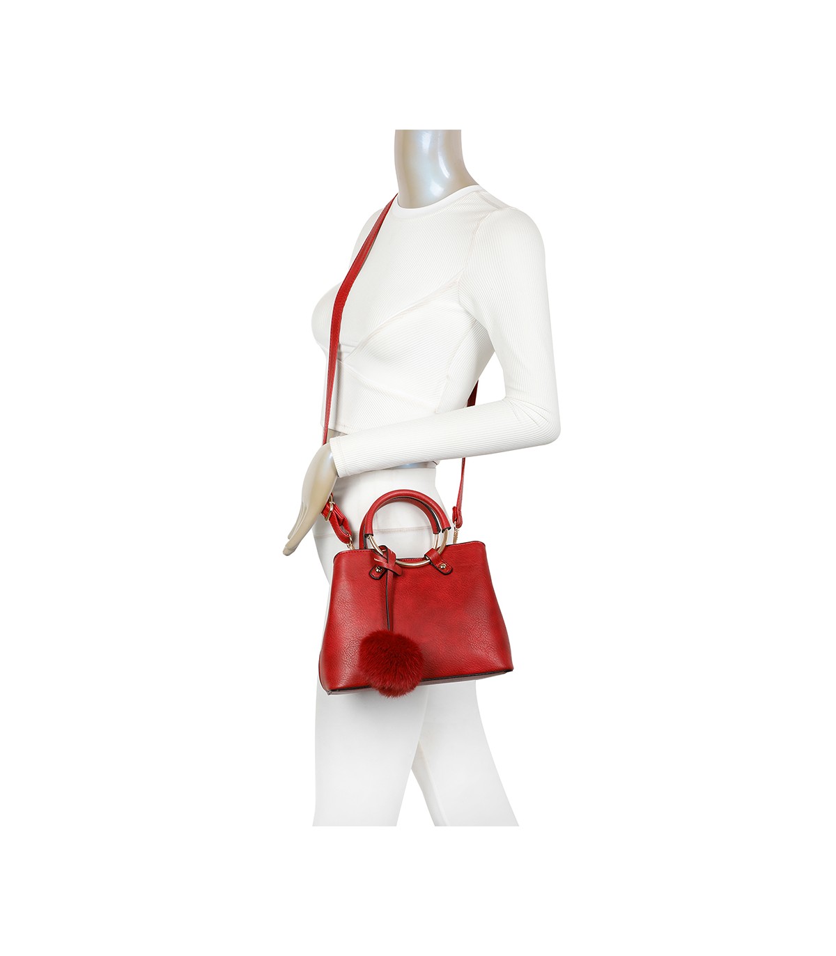 T11128 - Bolso bandolera con asa redonda y pompón
