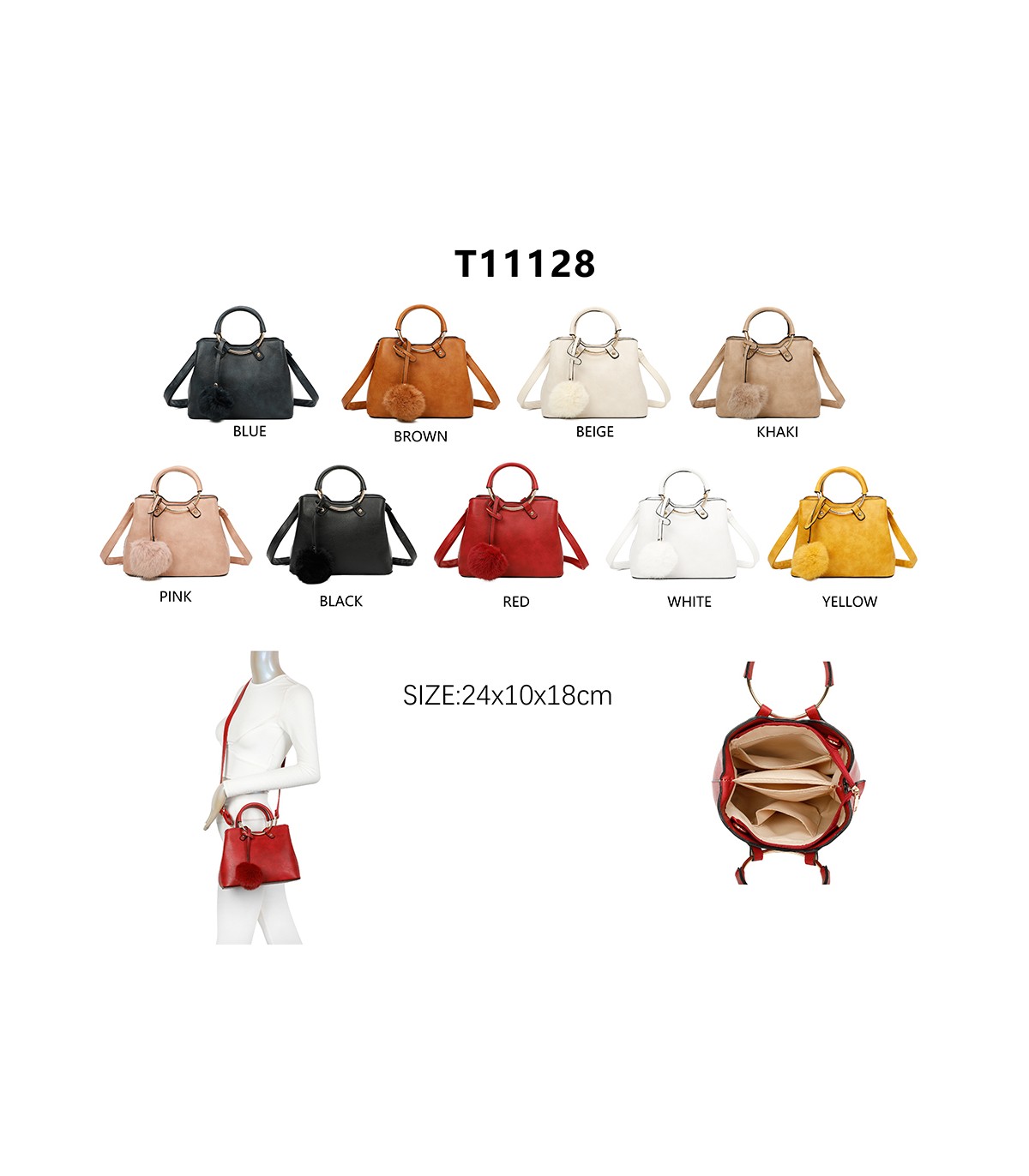 T11128 - Bolso bandolera con asa redonda y pompón