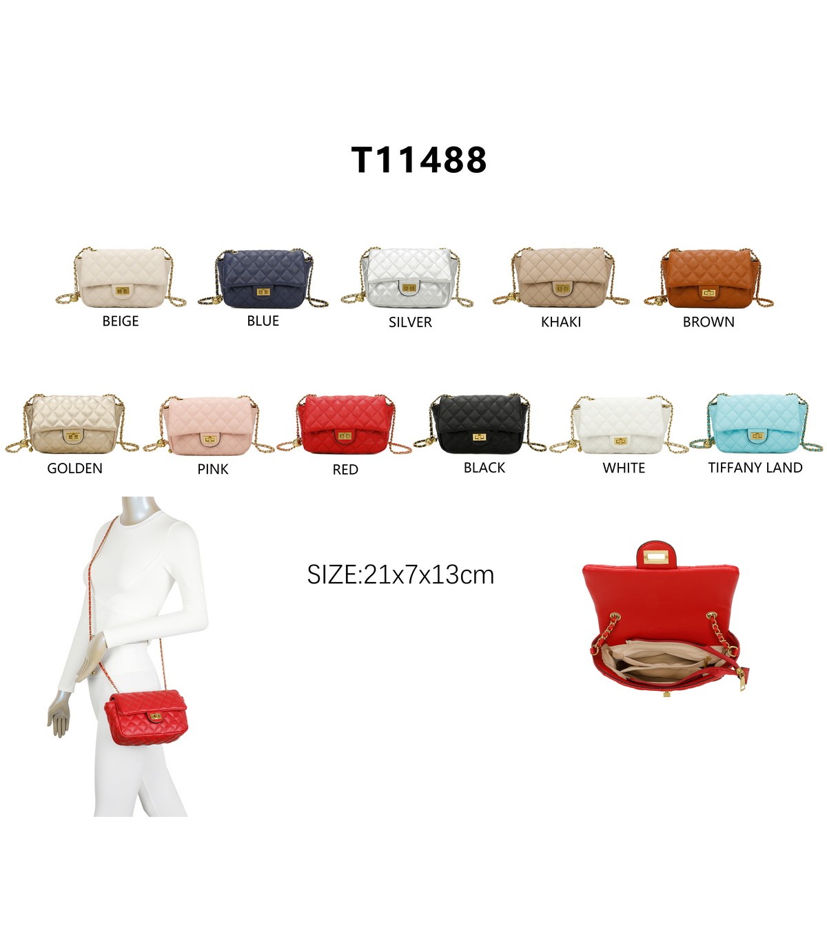 T11488 - Bolso bandolera con cierre y cadena dorada a juego