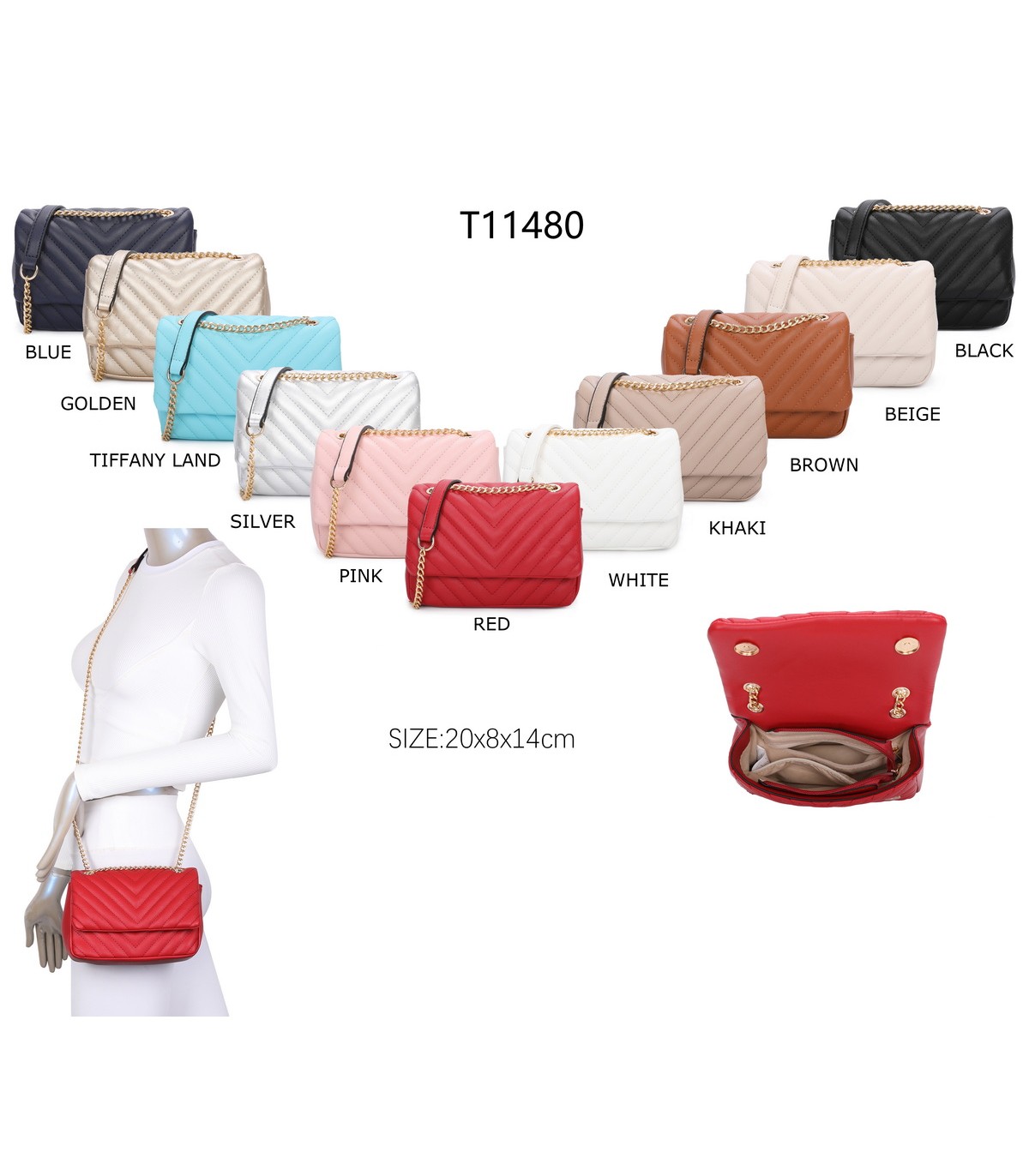 T11480 - Bolso bandolera con cadena dorada y cierre de botón imantado
