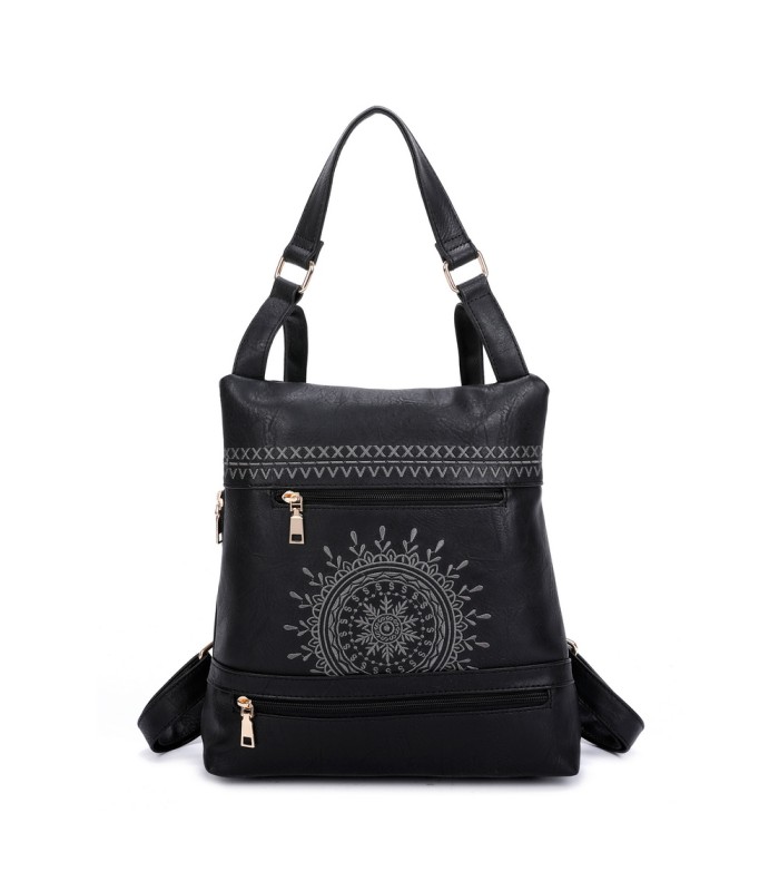 T11148 - Mochila convertible en bolso con bolsillos frontales y bordado de mandala