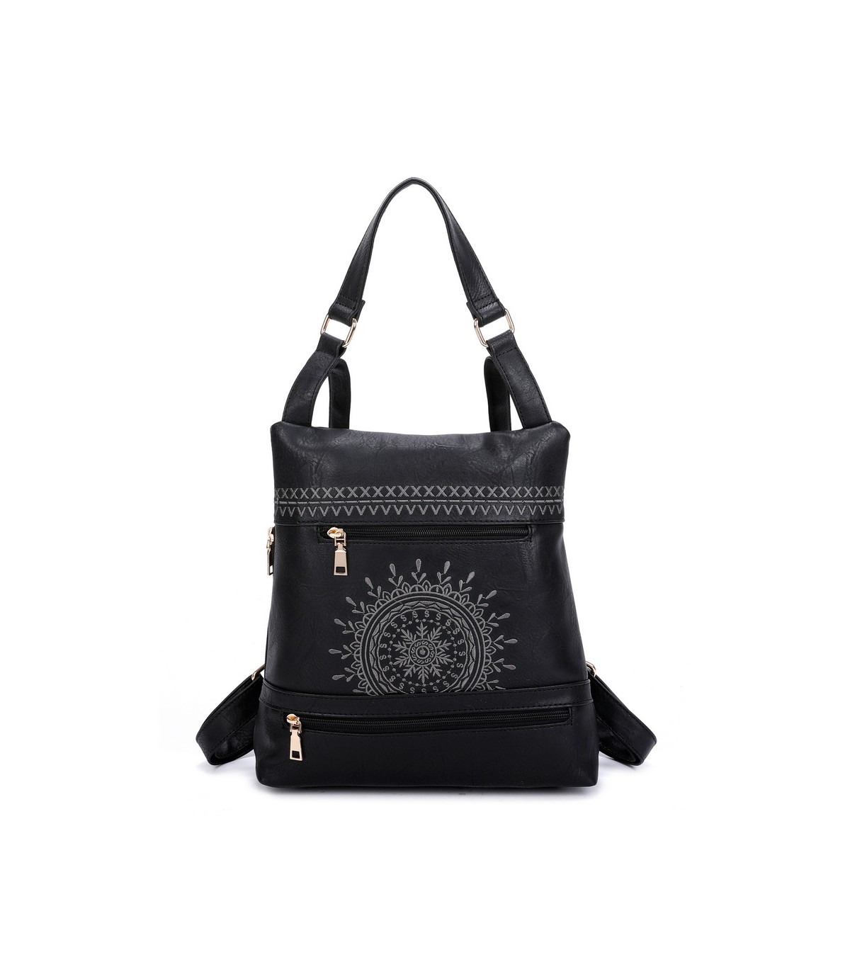 T11148 - Mochila convertible en bolso con bolsillos frontales y bordado de mandala