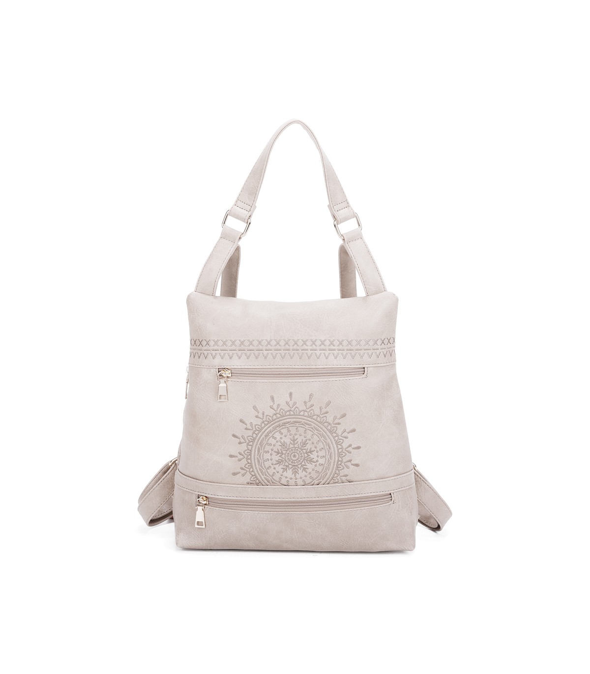 T11148 - Mochila convertible en bolso con bolsillos frontales y bordado de mandala