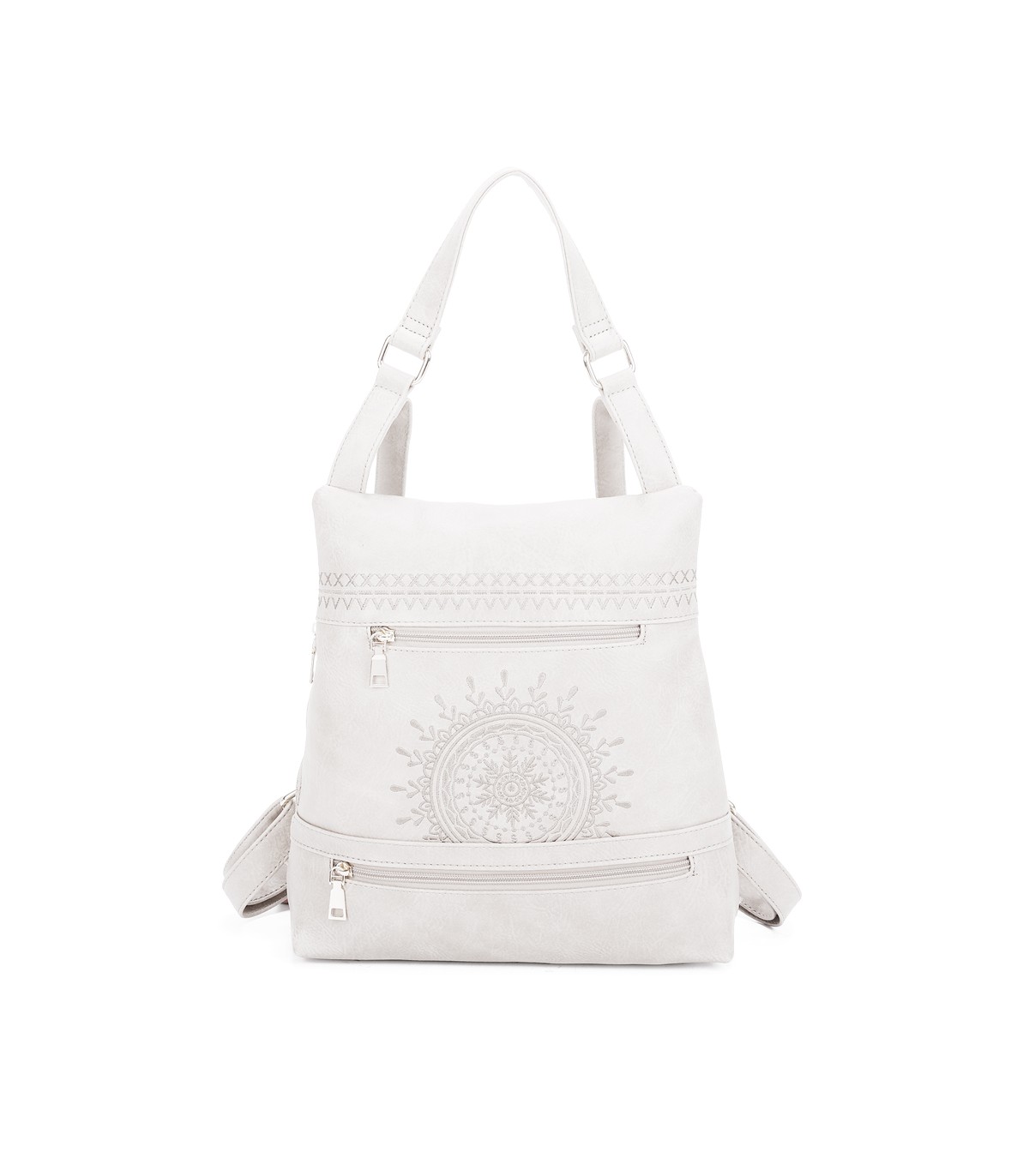 T11148 - Mochila convertible en bolso con bolsillos frontales y bordado de mandala
