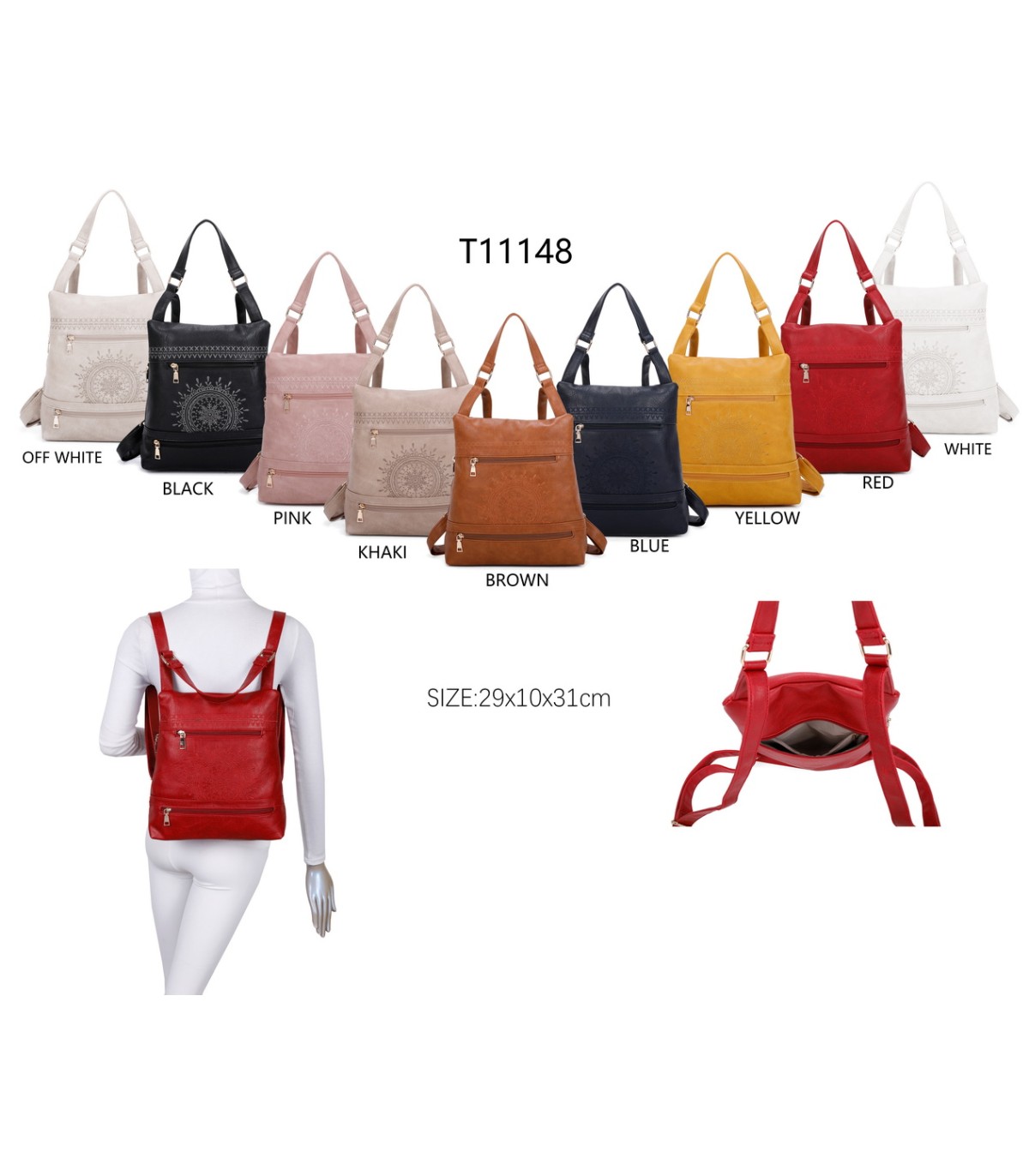 T11148 - Mochila convertible en bolso con bolsillos frontales y bordado de mandala