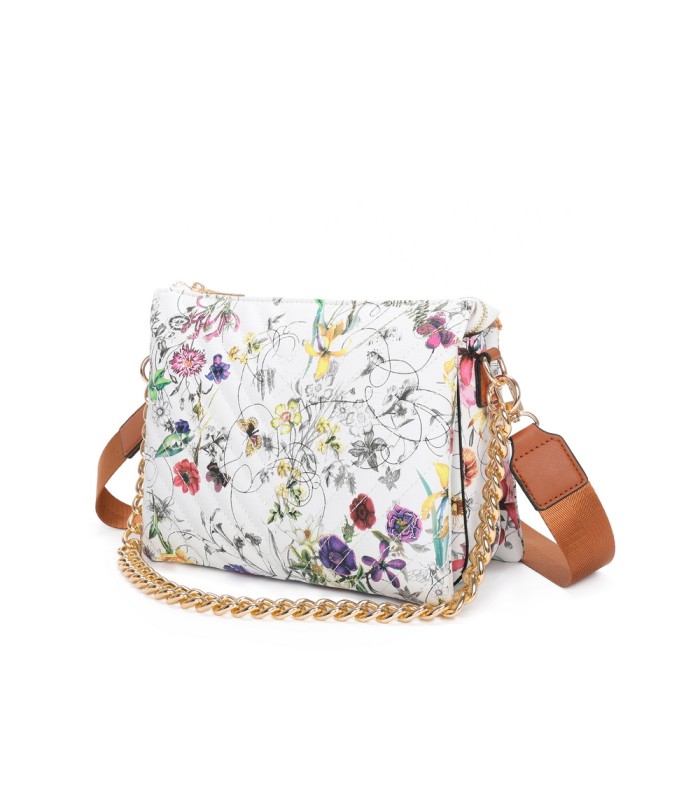 T11434 - Bolso con flores y cadena dorada y bandolera ajustable