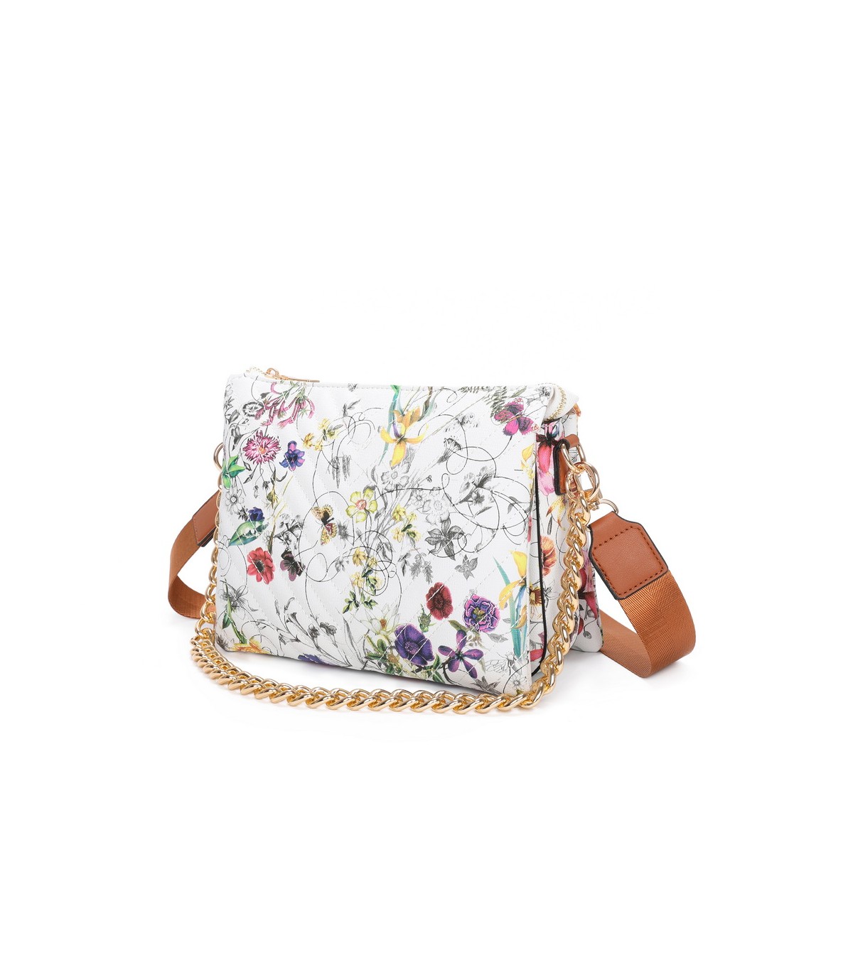 T11434 - Bolso con flores y cadena dorada y bandolera ajustable