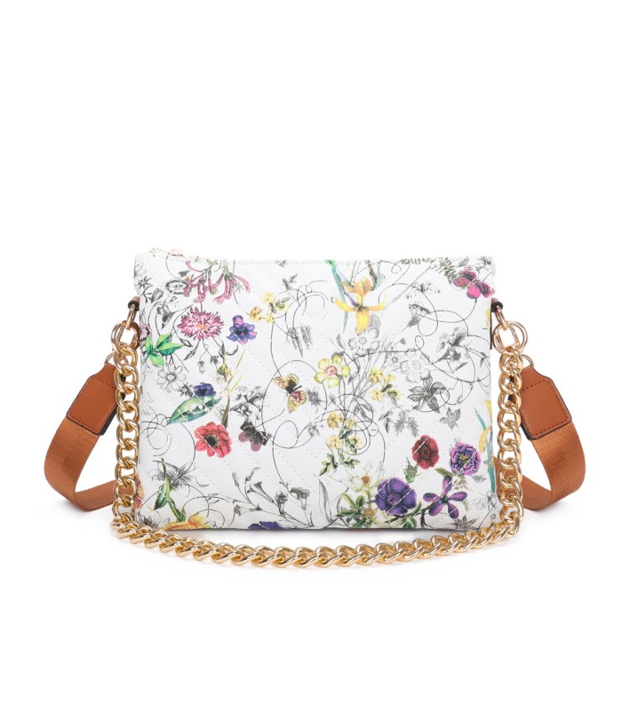 T11434 - Bolso con flores y cadena dorada y bandolera ajustable