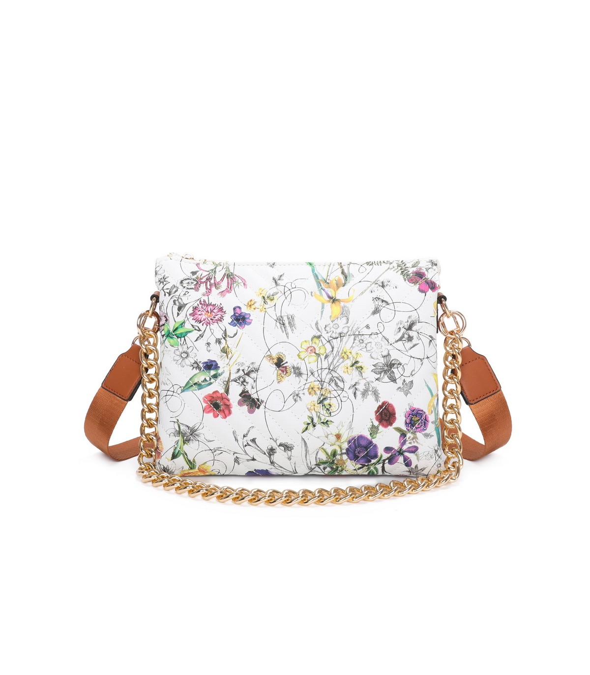 T11434 - Bolso con flores y cadena dorada y bandolera ajustable