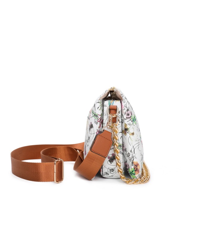 T11434 - Bolso con flores y cadena dorada y bandolera ajustable