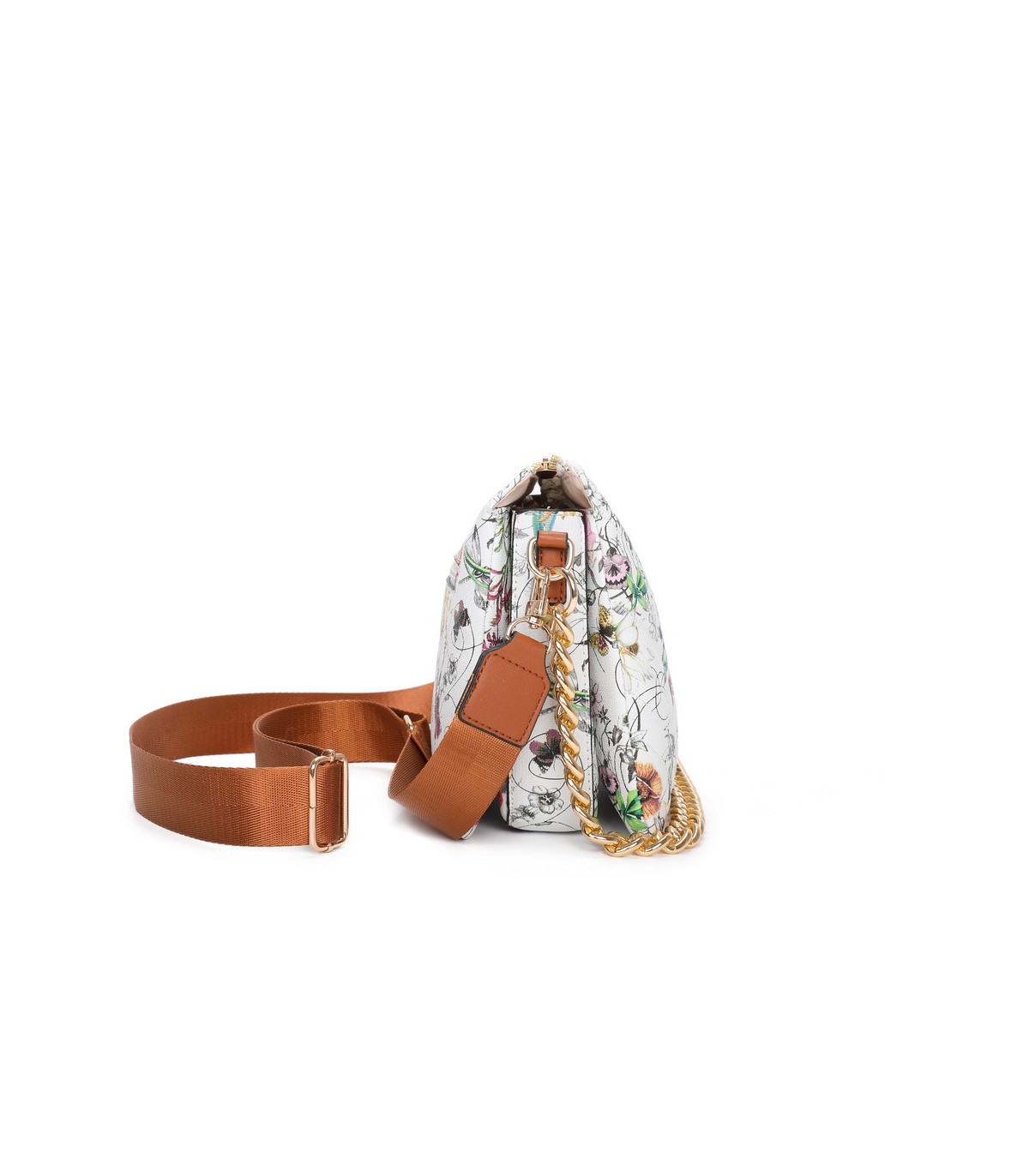 T11434 - Bolso con flores y cadena dorada y bandolera ajustable