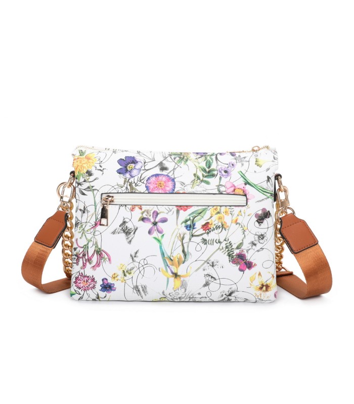 T11434 - Bolso con flores y cadena dorada y bandolera ajustable