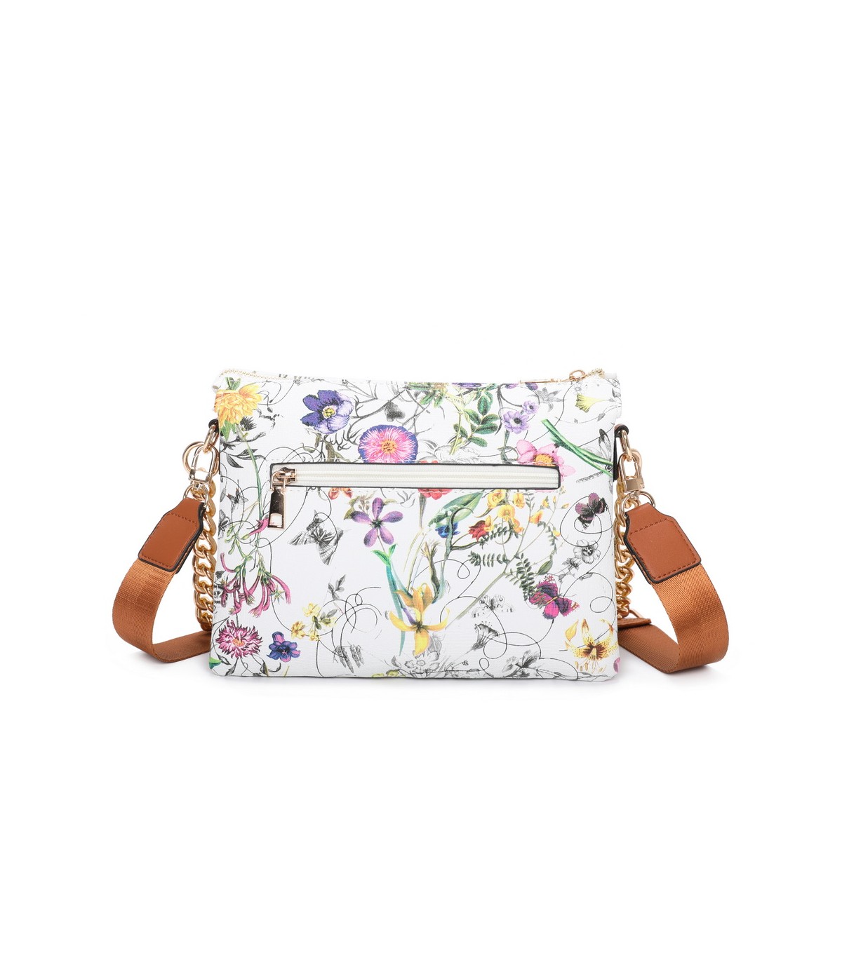 T11434 - Bolso con flores y cadena dorada y bandolera ajustable