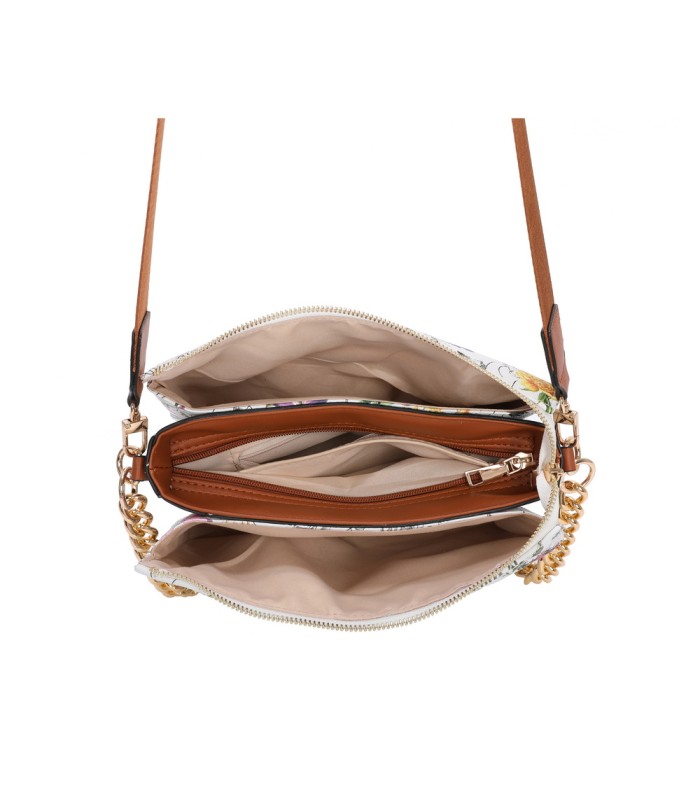T11434 - Bolso con flores y cadena dorada y bandolera ajustable