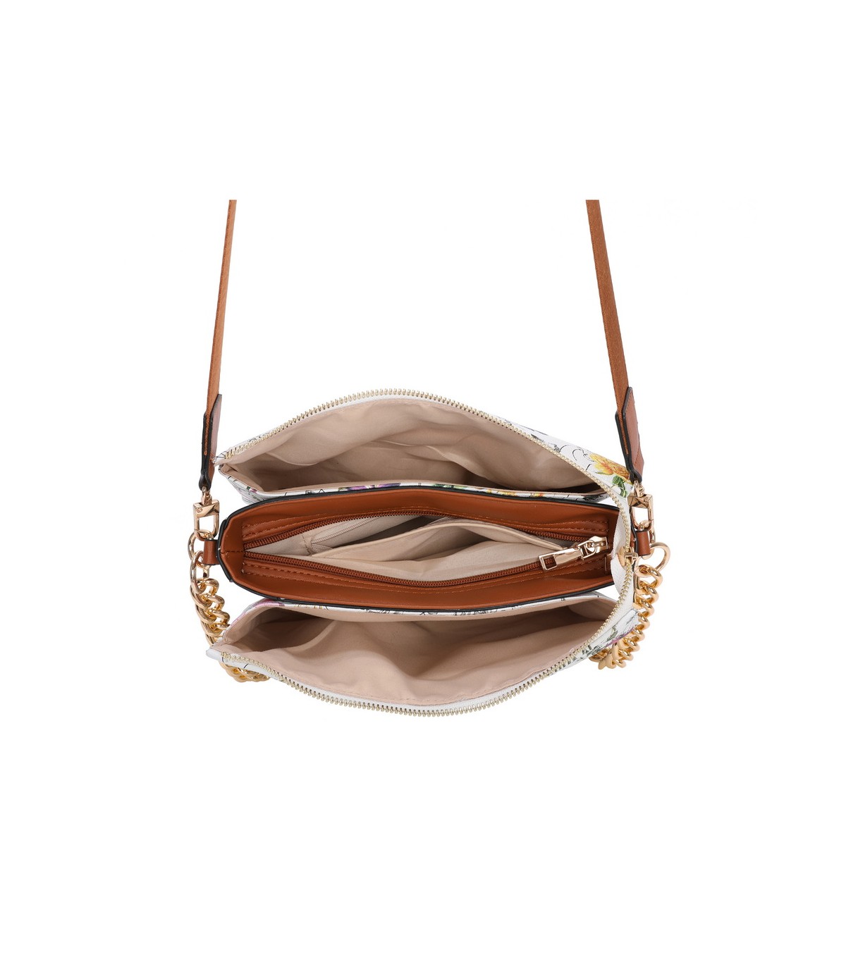 T11434 - Bolso con flores y cadena dorada y bandolera ajustable